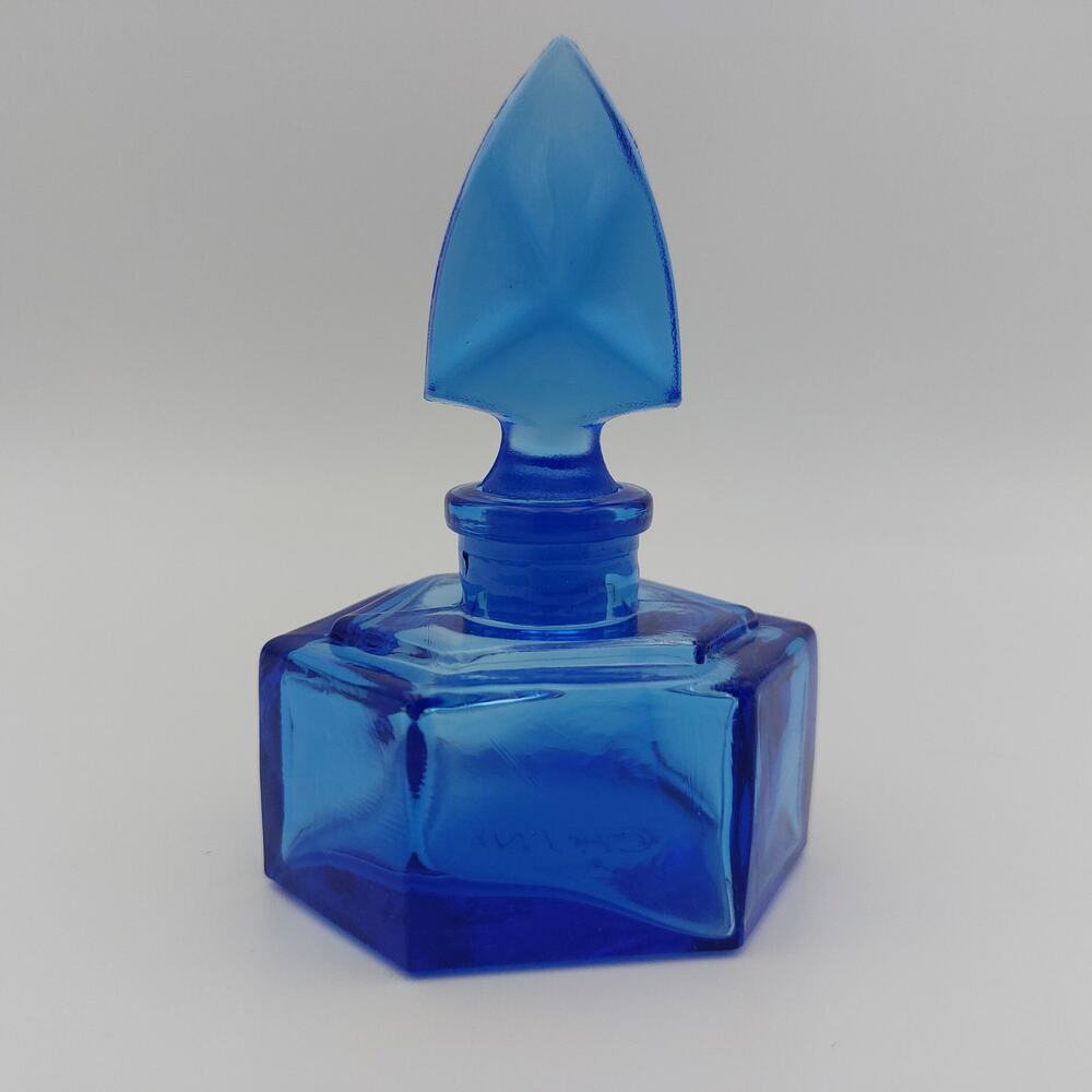 Vintage Cobalt Blue Glass Perfume Bottle Hexagonal Art Deco Style Vanity Decor